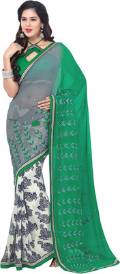 Saara Embroidered Fashion Georgette Saree(White, Green)