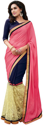

Desi Butik Embroidered Fashion Georgette, Net, Satin Saree(Pink, Blue, Beige), Pink and blue and beige