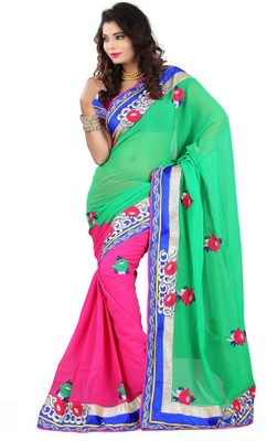 

Rangbarshe Embroidered Fashion Georgette Saree(Green, Pink)