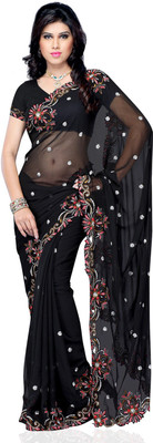 

JTInternational Self Design Bollywood Handloom Georgette Saree(Black, Red)