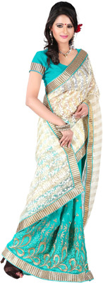 

Jiya Self Design, Embroidered Fashion Georgette Saree(Green, White), Cream;green