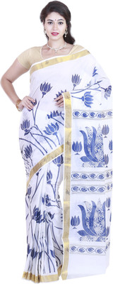 

SriSyndicate Printed Fashion Cotton Saree(Blue), Blue;pure white