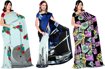 

Lovely Look Printed Daily Wear Georgette Saree(Pack of 3, White, Blue, Black), Off-white & blue & black