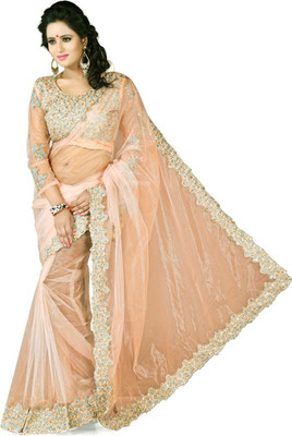 

Dancing Girl Solid Bollywood Net Saree(Beige)
