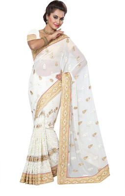 

Ishin Embellished Fashion Georgette Saree(White)
