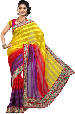 Ishin Embellished Fashion Satin Saree(Purple), Purple red yellow