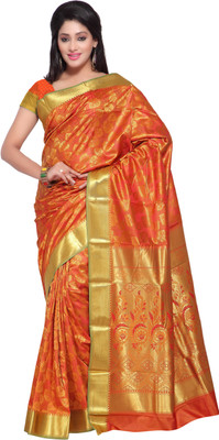 

Varkala Silk Sarees Woven Kanjivaram Saree(Gold, Red), Base and red