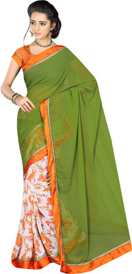 

Khoobee Self Design, Printed Fashion Georgette Saree(Green, White, Orange), Green;orange;white