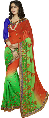 Jiya Embroidered, Self Design Fashion Georgette Saree(Red, Green), Light green;red