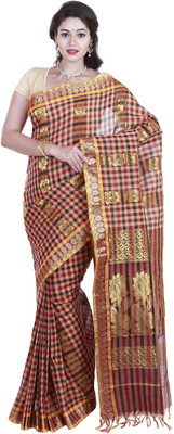 

SriSyndicate Checkered Fashion Cotton Saree(Maroon), Cream;meroon