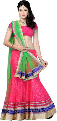 JTInternational Self Design Lehenga Saree Net Saree(Pink, Green), Green;pink