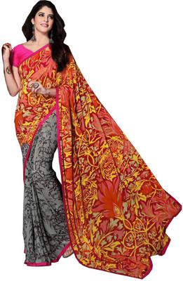 Mathura Digital Prints Fashion Chiffon Saree(Red, Black), Black;red