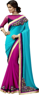 

Khoobee Self Design, Embroidered, Embellished Fashion Georgette, Jacquard Saree(Light Blue, Pink, Black), Black;light blue;pink