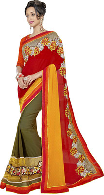 

Jiya Self Design, Embroidered, Embellished Fashion Jacquard, Chiffon Saree(Green, Red, Yellow, Orange, Green;orange;red;yellow