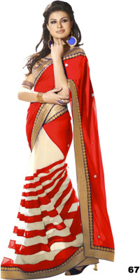 

Dancing Girl Solid Bollywood Georgette Saree(Red, White), Light red