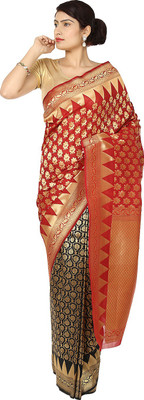 Zain Textiles Woven Banarasi Jacquard Saree(Maroon, Black), Black;maroon