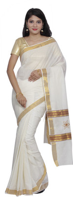 

Fashionkiosks Printed Fashion Handloom Cotton Saree(Multicolor), Cream gold