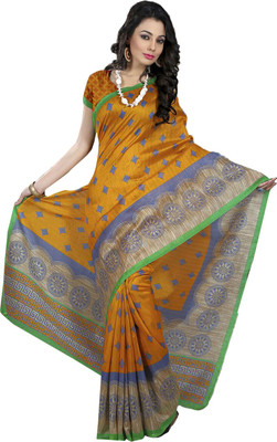

Ishin Printed Fashion Art Silk Saree(Yellow), Yellow & beige