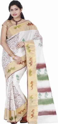 Fashionkiosks Self Design Mundum Neriyathum Cotton Blend Saree(White)