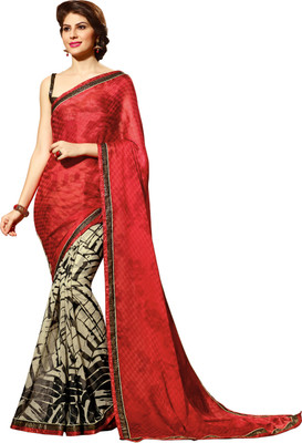 

Khoobee Self Design, Printed Fashion Georgette Saree(Red, Black), Black;red