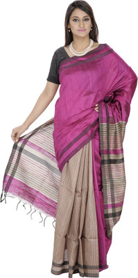 

Romi's Solid Bhagalpuri Handloom Tussar Silk Saree(Pink), Magenta - beige pleats