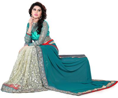 

Indian Wear Online Embroidered Fashion Nylon, Net, Georgette Saree(Blue, Silver, White)