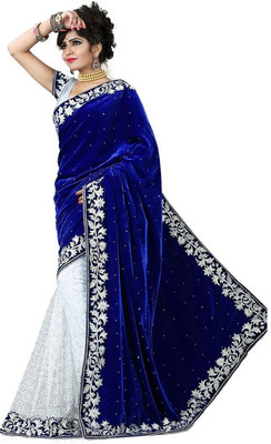 

jaishree Embroidered Fashion Velvet, Net Saree(Blue), Blue and white