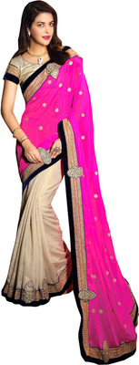 

Ishin Embroidered Fashion Cotton Saree(White), Off white & pink