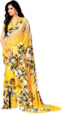 Khushali Self Design, Printed Fashion Georgette Saree(Yellow, Pink), Black;yellow