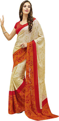 

Ishin Printed Fashion Georgette Saree(Beige), Beige & orange