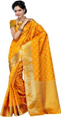 

Mimosa Printed Kanjivaram Tussar Silk Saree(Gold), Mango gold