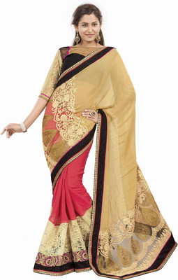

Khushali Self Design, Embroidered Fashion Net, Georgette Saree(Beige, Pink, Black), Beige;black;pink