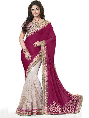 

Saara Self Design, Solid Fashion Chiffon Saree(White, Maroon), Maroon;white