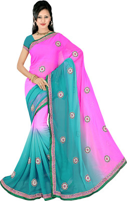 

Shree Rajlaxmi Sarees Embroidered Fashion Chiffon Saree(Pink, Light Blue), Light blue;pink