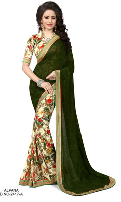 

Indianbeauty Self Design, Printed Fashion Chiffon Saree(Dark Green, Beige), Beige;dark green