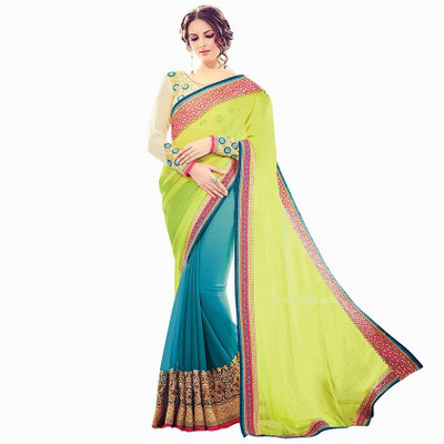 Kintu Designs Pvt. Ltd. Self Design Fashion Chiffon Saree(Green, Yellow), Greeen;yellow