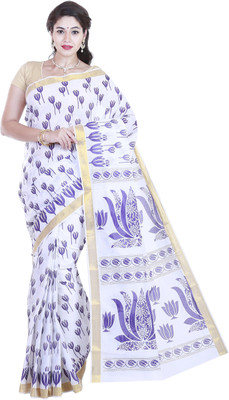 

SriSyndicate Printed Fashion Cotton Saree(Blue), Blue;pure white