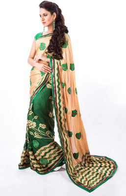 

Cenizas Floral Print Fashion Crepe Saree(Green)