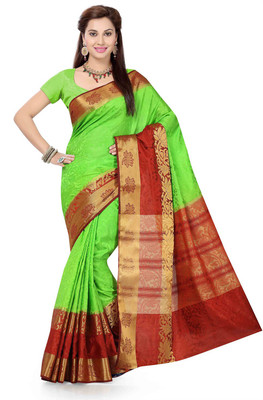 

Ishin Woven Fashion Tussar Silk Saree(Green), Green & red