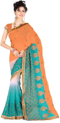 

Khushali Self Design, Solid Fashion Georgette Saree(Orange, Blue), Blue;orange