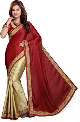

Ishin Embellished Fashion Georgette Saree(Beige), Beige & red