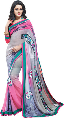 

Saara Geometric Print, Self Design Daily Wear Georgette Saree(Grey, Pink)