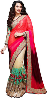 

Saara Self Design Fashion Net Saree(Beige, Red)