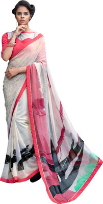 

Brijraj Printed Fashion Georgette Saree(White, Pink), Pink;white