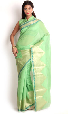 

Kasturi-B Swadeshi Karigari Geometric Print Banarasi Silk Cotton Blend Saree(Green)