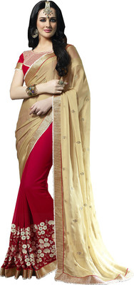 

Ishin Solid Fashion Georgette Saree(Red), Beige;red