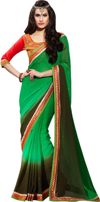 

Khushali Self Design, Embellished Fashion Georgette Saree(Green, Brown), Green;mehendi green