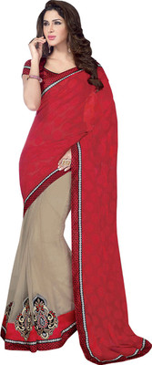 

Vandv Shop Embroidered Fashion Handloom Georgette Saree(Red), Brown;red
