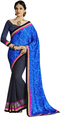 Desi Butik Embroidered Fashion Satin, Georgette Saree(Blue)