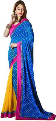

Vandv Shop Printed Fashion Handloom Georgette Saree(Blue), Blue;yellow